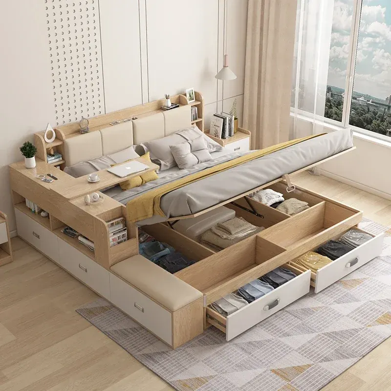 Hidden Compartment Lift-Up Storage Bookshelf Platform Bed - Image 0