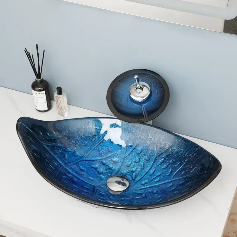 Oval Vessel Tempered Glass Waterfall Faucet Combo Sink - Image 0