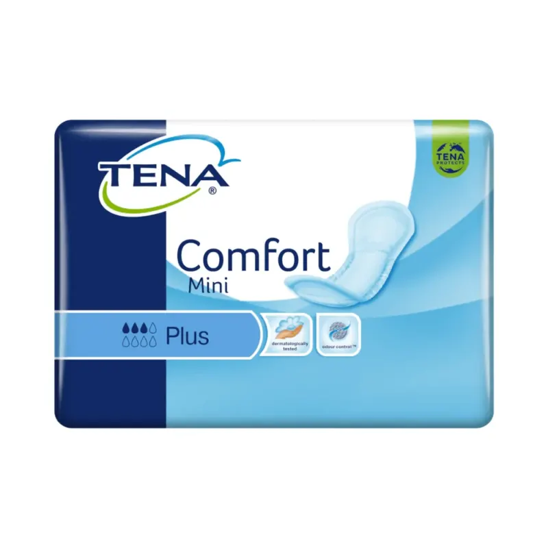 Eine Packung TENA Comfort Mini Plus Inkontinenzvorlage enthält 30 Einlagen, die mit modernster Technologie hergestellt wurden. Die Verpackung ist hauptsächlich blau und weiß und zeigt das TENA-Logo sowie Symbole, die Saugfähigkeit, Komfort, Geruchskontrolle und einen Dry Fast Core für hervorragenden Schutz hervorheben.