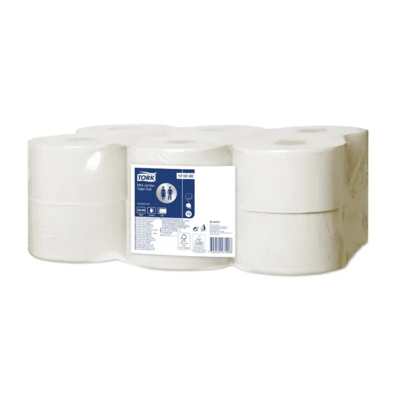 Ein Bild zeigt eine Packung mit acht weißen Toilettenpapierrollen, deren Verpackung den Markennamen Tork deutlich zeigt und die Advanced T2-Qualität hervorhebt. Die Produktdetails bestätigen, dass es sich um Mini Jumbo 2-lagig Toilettenpapier handelt.