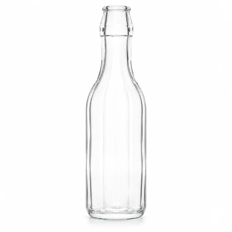Freigestellte, klare Glasflasche mit schlankem, hochgezogenem Körper, sanft geschwungenen Schultern und schmaler Mündung auf weißem Hintergrund