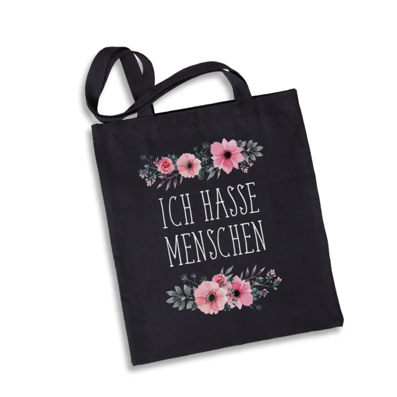 Bild: Baumwolltasche - Ich hasse Menschen - blumig.