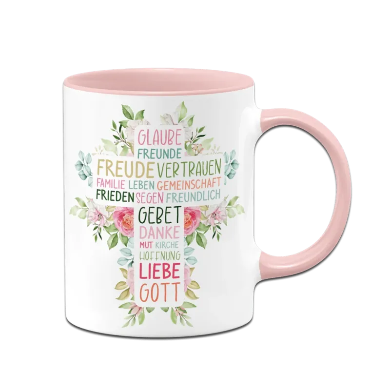 Bild: Tasse - Wort-Kreuz (Werte, Liebe, Glaube, Gott).