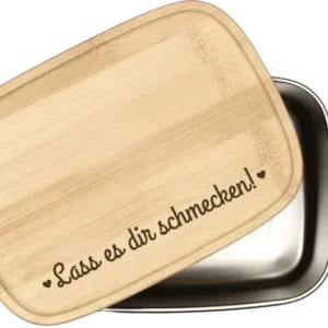 Bild: Brotdose - Lass es dir schmecken! - Edelstahl mit Bambusdeckel.