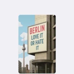 Postkarte mit grauem Gebäude und Fernsehturm vor blauem Himmel mit Schriftzug "BERLIN LOVE IT OR HATE IT"