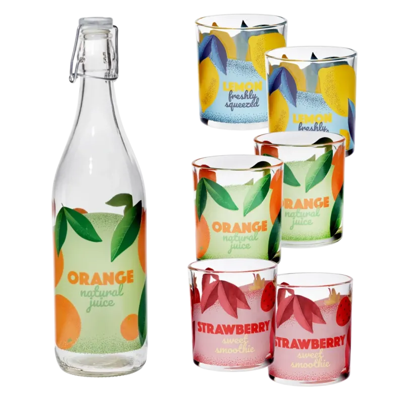 Trinkgläser Set 7 teilig, 6 Gläser + 1 Flasche mit Deckel + Geschenkverpackung