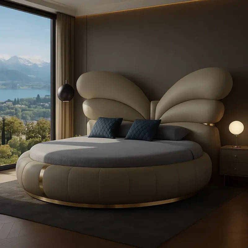 Elegant Butterfly Wing Headboard Leather Round Bed - Image 0
