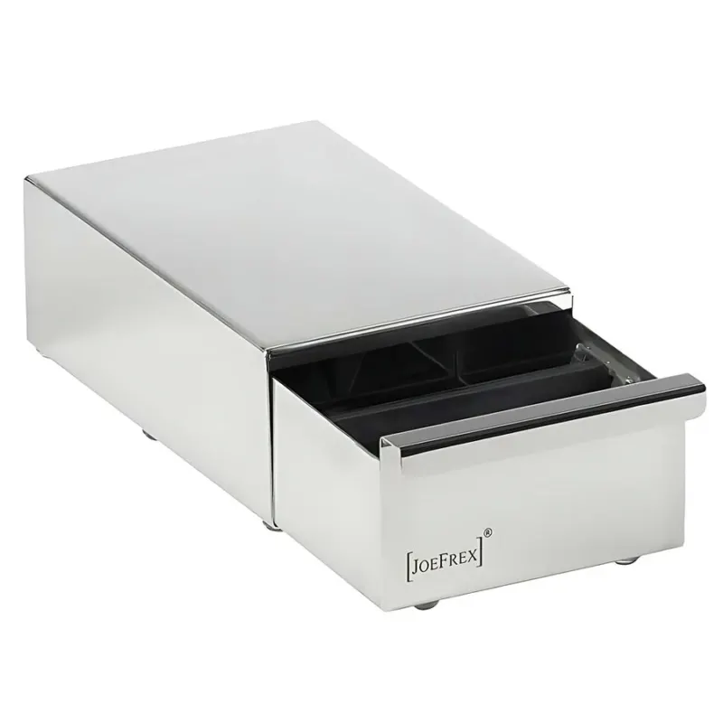 Joefrex Sudschublade D-mini Edelstahl with black silicone-coated aluminum knock bar and rubber feet.