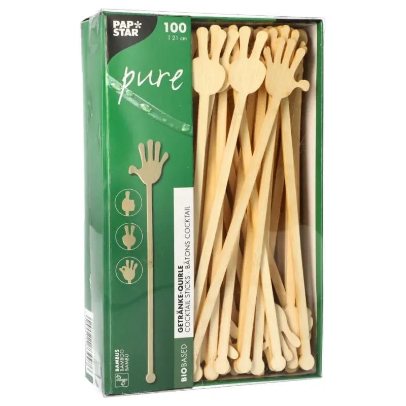 Papstar Pure Bambus Getränke-Quirle, Hands, 21 cm 1 Karton (10 Packungen × 100 Stück)