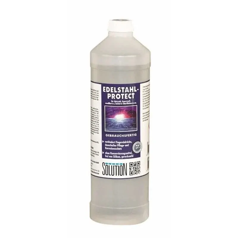 Transparent kunststoffflasche mit weißem verschluss und etiket edelstahl-protect von solution mit klarem flüssigkeit