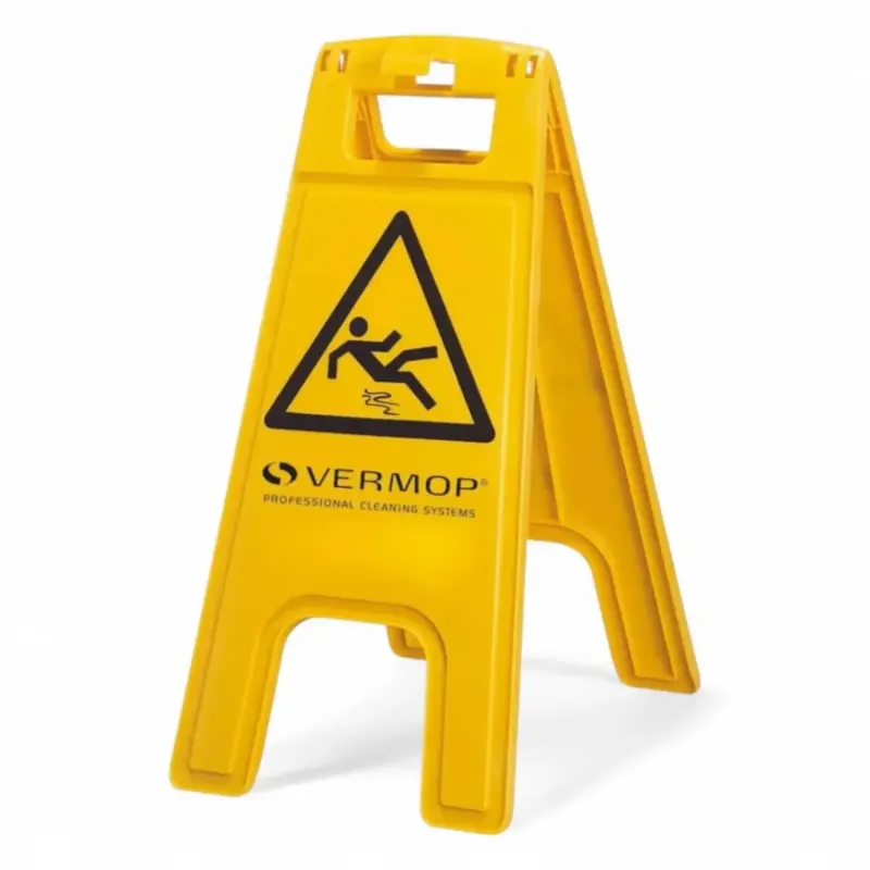 Gelbes kunststoff a-rahmen warnschild mit schwarzem warnsymbol und vermop professional cleaning systems branding
