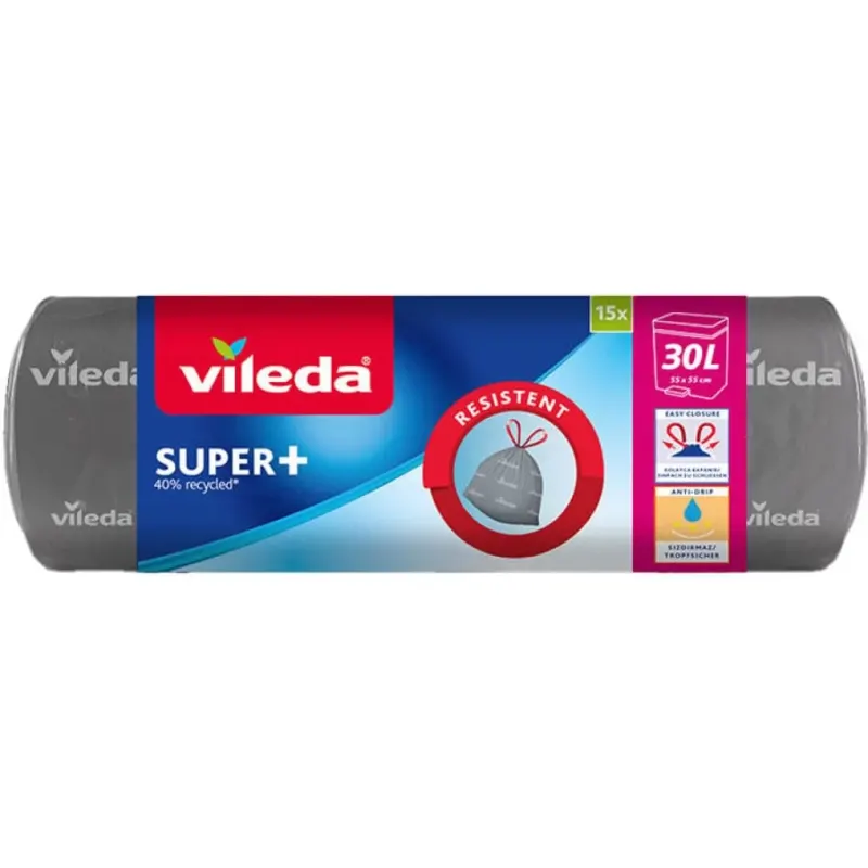 Vileda SUPER+ Müllbeutel, 30 Liter, mit Zugband 1 Rolle = 15 Beutel